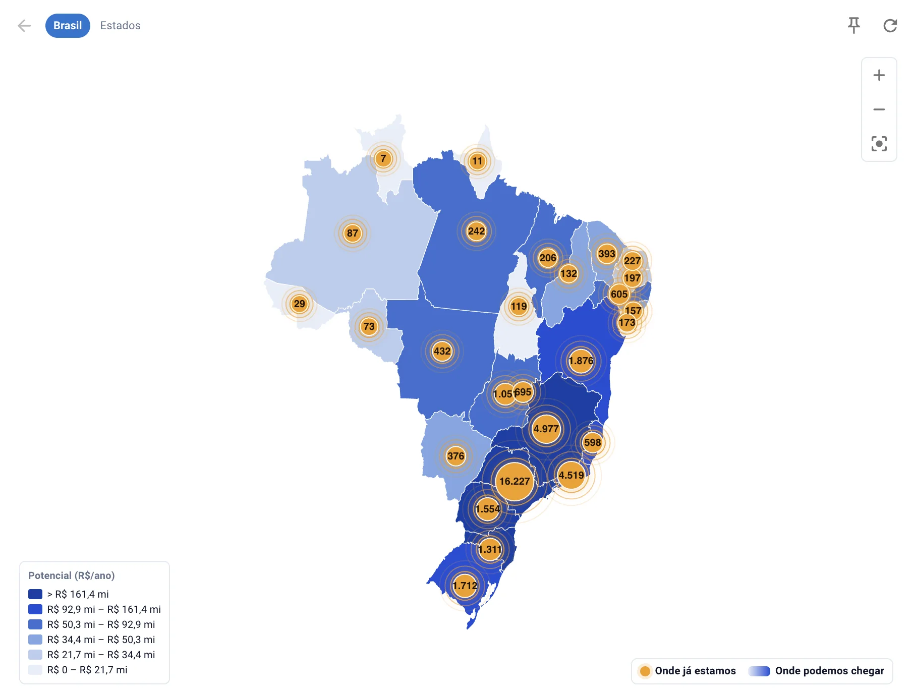 Mapa do Brasil com potencial de mercado por estado e clientes atuais