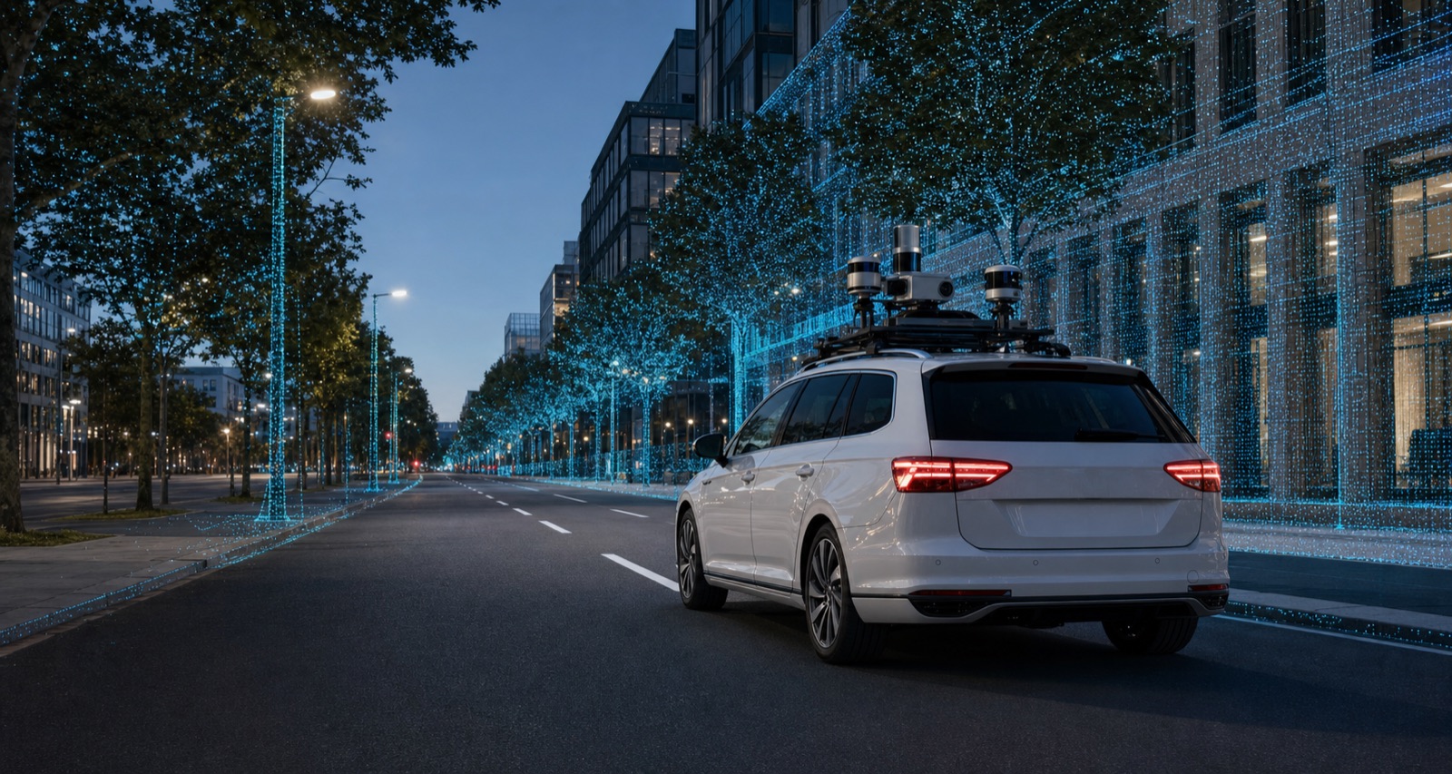Veículo equipado com LiDAR e SLAM mapeando uma avenida em nuvem de pontos 3D